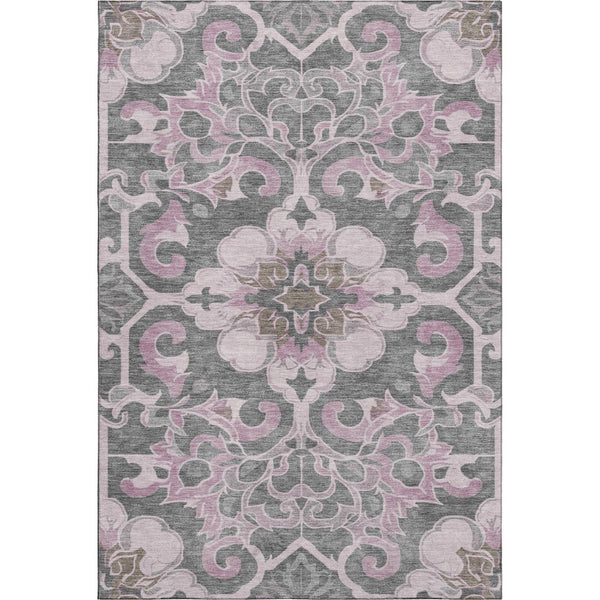 HomeRoots 8' Floral Medallion Washable Round Rug in Pink, Ivory & Gray - UV Protected, Stain Resistant, Durable 709075