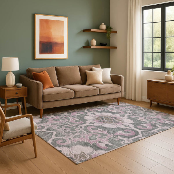 HomeRoots 8' Floral Medallion Washable Round Rug in Pink, Ivory & Gray - UV Protected, Stain Resistant, Durable 709075
