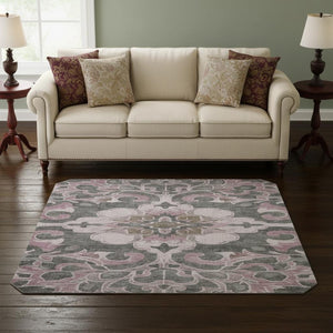 HomeRoots 8' X 10' Washable Pink Ivory Gray Floral Medallion Area Rug - UV Protected, Durable, Elegant Design 709076