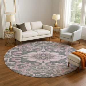 HomeRoots 8' X 10' Washable Pink Ivory Gray Floral Medallion Area Rug - UV Protected, Durable, Elegant Design 709076