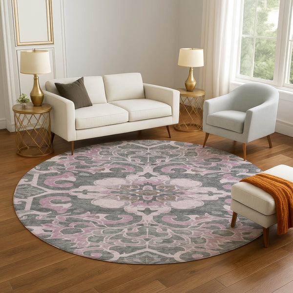 HomeRoots 8' X 10' Washable Pink Ivory Gray Floral Medallion Area Rug - UV Protected, Durable, Elegant Design 709076