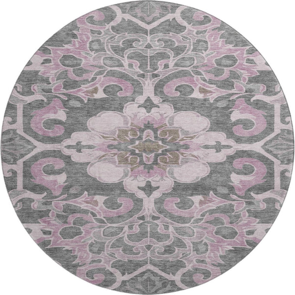 HomeRoots 8' X 10' Washable Pink Ivory Gray Floral Medallion Area Rug - UV Protected, Durable, Elegant Design 709076