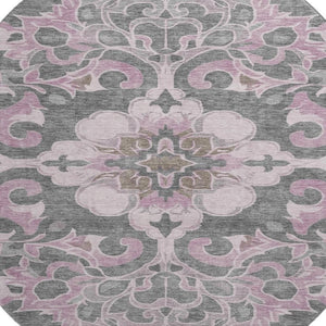HomeRoots 8' X 10' Washable Pink Ivory Gray Floral Medallion Area Rug - UV Protected, Durable, Elegant Design 709076