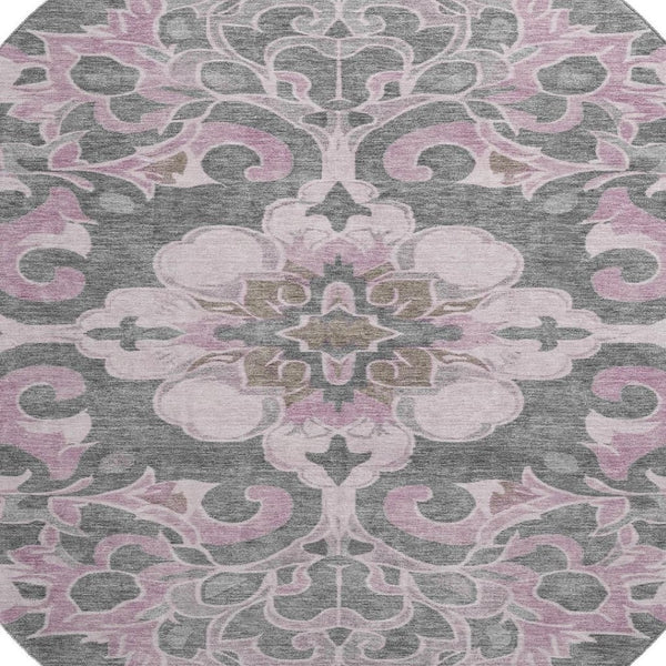 HomeRoots 8' X 10' Washable Pink Ivory Gray Floral Medallion Area Rug - UV Protected, Durable, Elegant Design 709076