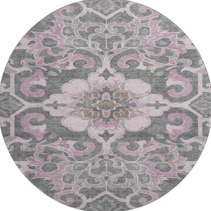HomeRoots 8' X 10' Washable Pink Ivory Gray Floral Medallion Area Rug - UV Protected, Durable, Elegant Design 709076