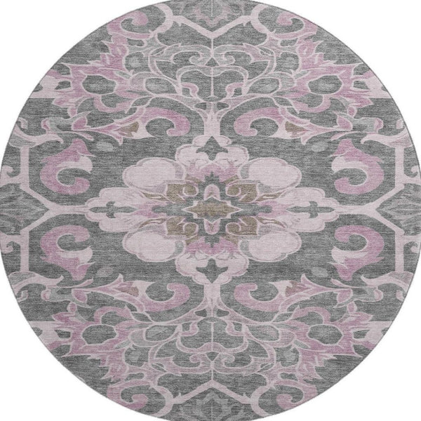 HomeRoots 8' X 10' Washable Pink Ivory Gray Floral Medallion Area Rug - UV Protected, Durable, Elegant Design 709076