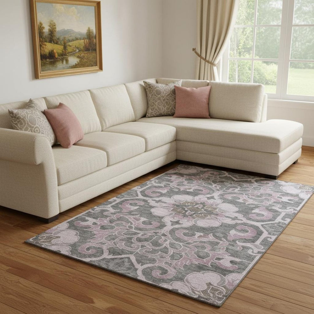 HomeRoots 9' X 12' Floral Medallion Area Rug in Pink, Ivory & Gray - Washable, UV-Protected & Durable Design 709077