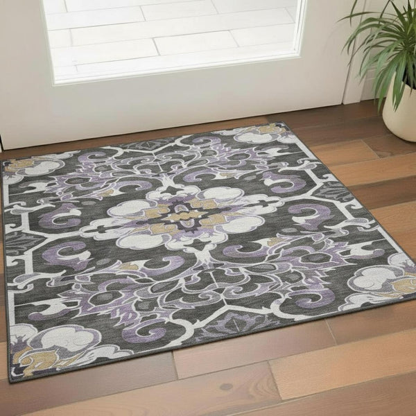 HomeRoots 5' X 8' Floral Medallion Area Rug in Purple, Ivory & Charcoal – Washable, UV-Protected & Stylish! 709080