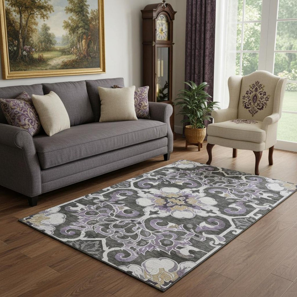 HomeRoots 8' Stylish Purple Ivory Charcoal Floral Medallion Rug - Washable, UV Protected, Stain Resistant! 709081