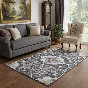 HomeRoots 8' Stylish Purple Ivory Charcoal Floral Medallion Rug - Washable, UV Protected, Stain Resistant! 709081