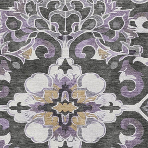 HomeRoots 8' Stylish Purple Ivory Charcoal Floral Medallion Rug - Washable, UV Protected, Stain Resistant! 709081