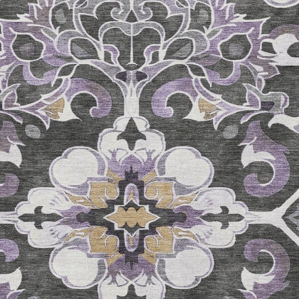 HomeRoots 8' Stylish Purple Ivory Charcoal Floral Medallion Rug - Washable, UV Protected, Stain Resistant! 709081
