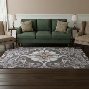 HomeRoots 8' X 10' Stylish Purple Ivory Charcoal Floral Medallion Washable Rug with UV Protection & Durability 709082