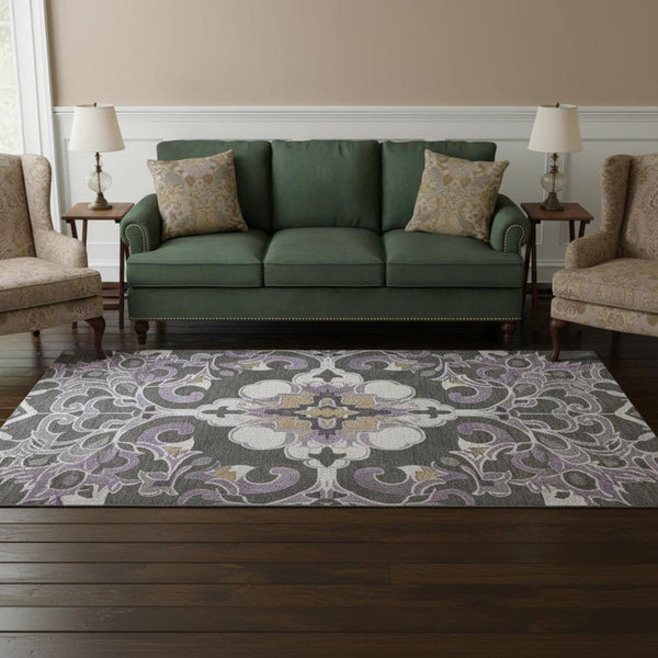 HomeRoots 8' X 10' Stylish Purple Ivory Charcoal Floral Medallion Washable Rug with UV Protection & Durability 709082