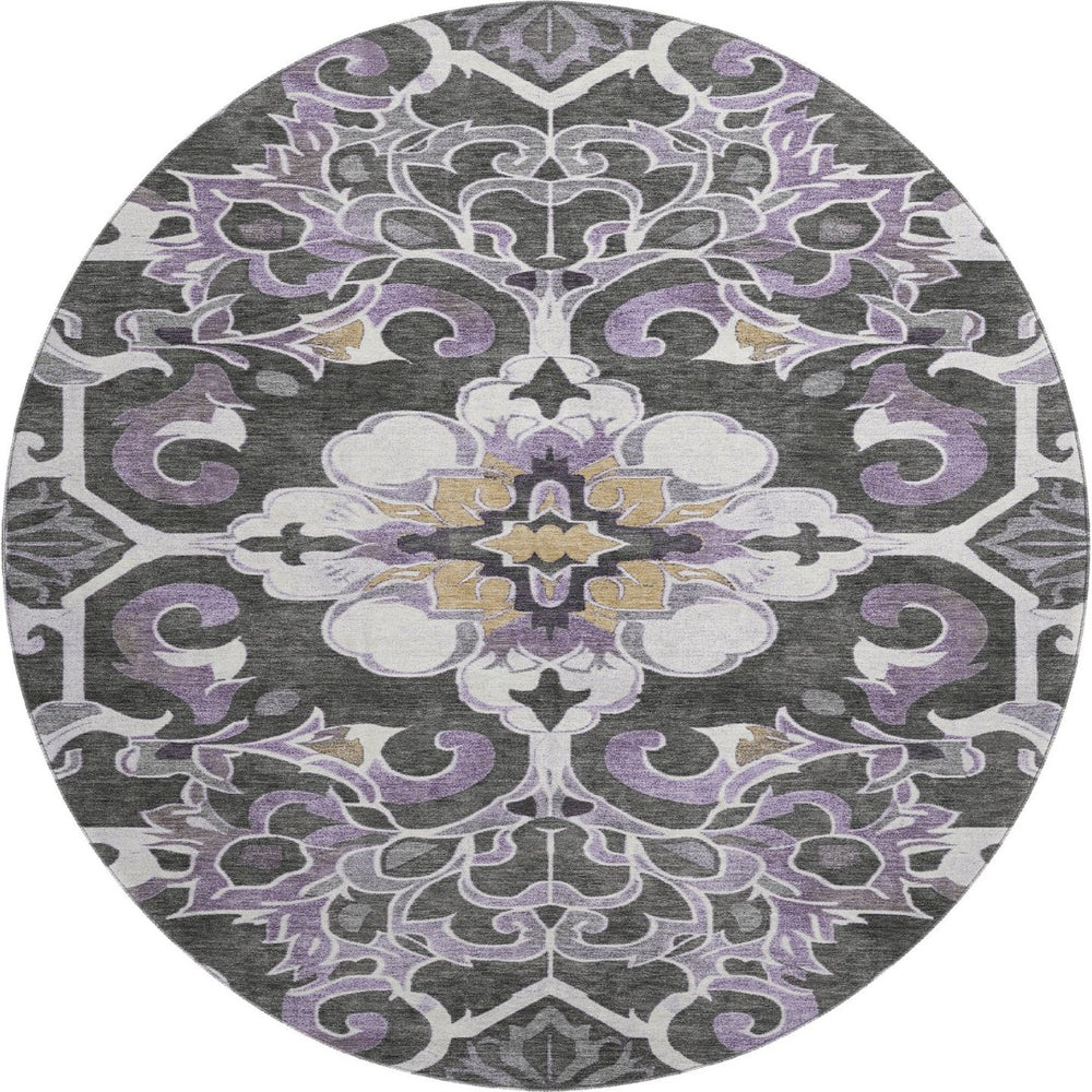 HomeRoots 8' X 10' Stylish Purple Ivory Charcoal Floral Medallion Washable Rug with UV Protection & Durability 709082