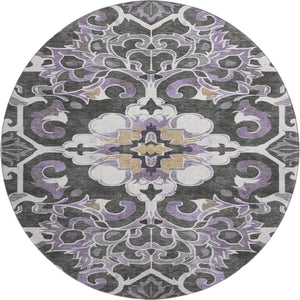 HomeRoots 8' X 10' Stylish Purple Ivory Charcoal Floral Medallion Washable Rug with UV Protection & Durability 709082