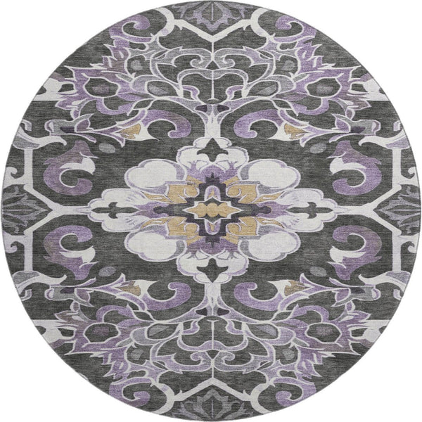 HomeRoots 8' X 10' Stylish Purple Ivory Charcoal Floral Medallion Washable Rug with UV Protection & Durability 709082