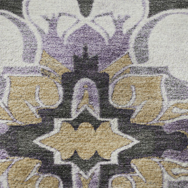 HomeRoots 8' X 10' Stylish Purple Ivory Charcoal Floral Medallion Washable Rug with UV Protection & Durability 709082