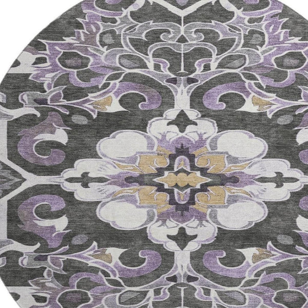 HomeRoots 8' X 10' Stylish Purple Ivory Charcoal Floral Medallion Washable Rug with UV Protection & Durability 709082