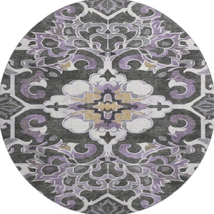 HomeRoots 8' X 10' Stylish Purple Ivory Charcoal Floral Medallion Washable Rug with UV Protection & Durability 709082