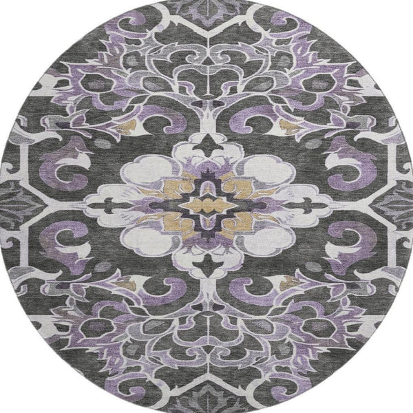 HomeRoots 8' X 10' Stylish Purple Ivory Charcoal Floral Medallion Washable Rug with UV Protection & Durability 709082