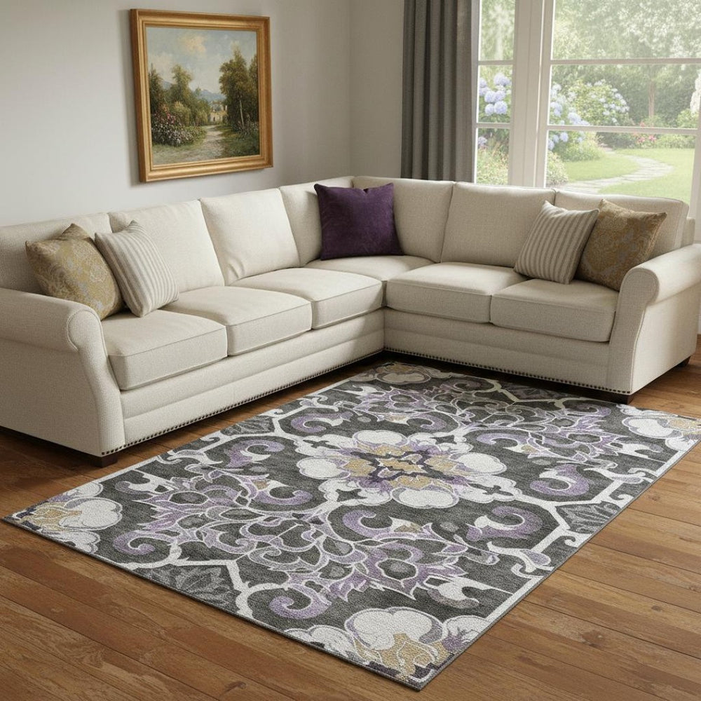 HomeRoots 9' X 12' Washable Floral Medallion Area Rug with UV Protection, Stain Resistance & Non-Slip Backing 709083
