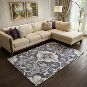 HomeRoots 10' X 14' Elegant Floral Medallion Area Rug in Purple, Ivory & Charcoal - Washable & UV Protected 709084