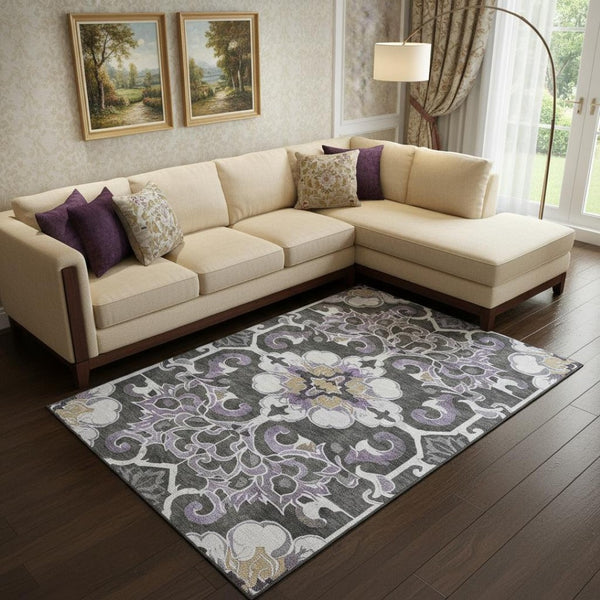 HomeRoots 10' X 14' Elegant Floral Medallion Area Rug in Purple, Ivory & Charcoal - Washable & UV Protected 709084