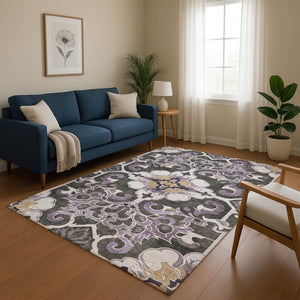 HomeRoots 10' X 14' Elegant Floral Medallion Area Rug in Purple, Ivory & Charcoal - Washable & UV Protected 709084