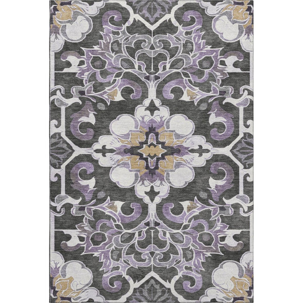 HomeRoots 10' X 14' Elegant Floral Medallion Area Rug in Purple, Ivory & Charcoal - Washable & UV Protected 709084