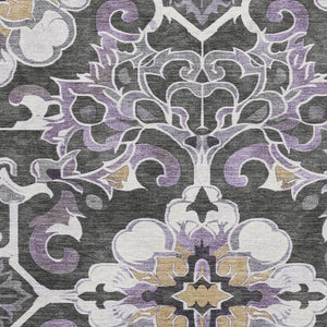 HomeRoots 10' X 14' Elegant Floral Medallion Area Rug in Purple, Ivory & Charcoal - Washable & UV Protected 709084