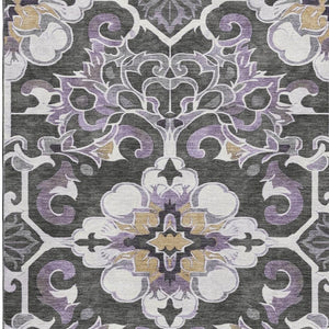 HomeRoots 10' X 14' Elegant Floral Medallion Area Rug in Purple, Ivory & Charcoal - Washable & UV Protected 709084