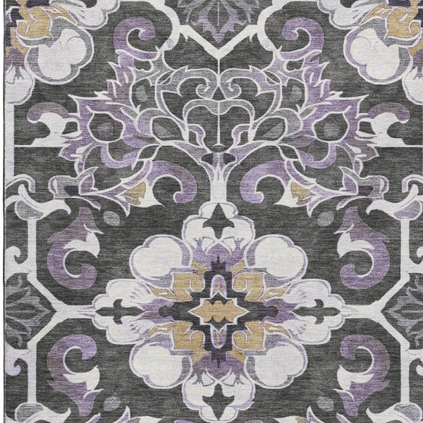 HomeRoots 10' X 14' Elegant Floral Medallion Area Rug in Purple, Ivory & Charcoal - Washable & UV Protected 709084