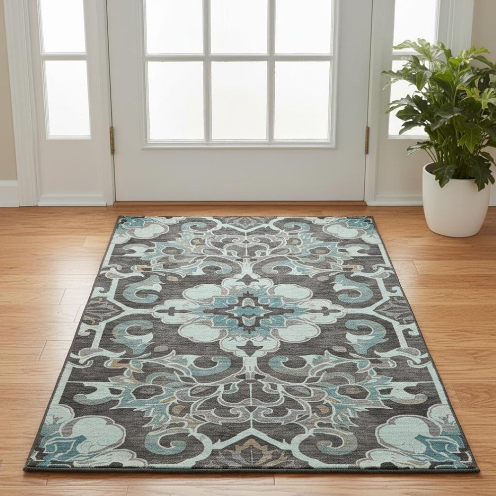 HomeRoots 5' X 8' Teal Charcoal Gray Floral Medallion Area Rug – UV Protected, Washable, Durable & Stylish! 709086