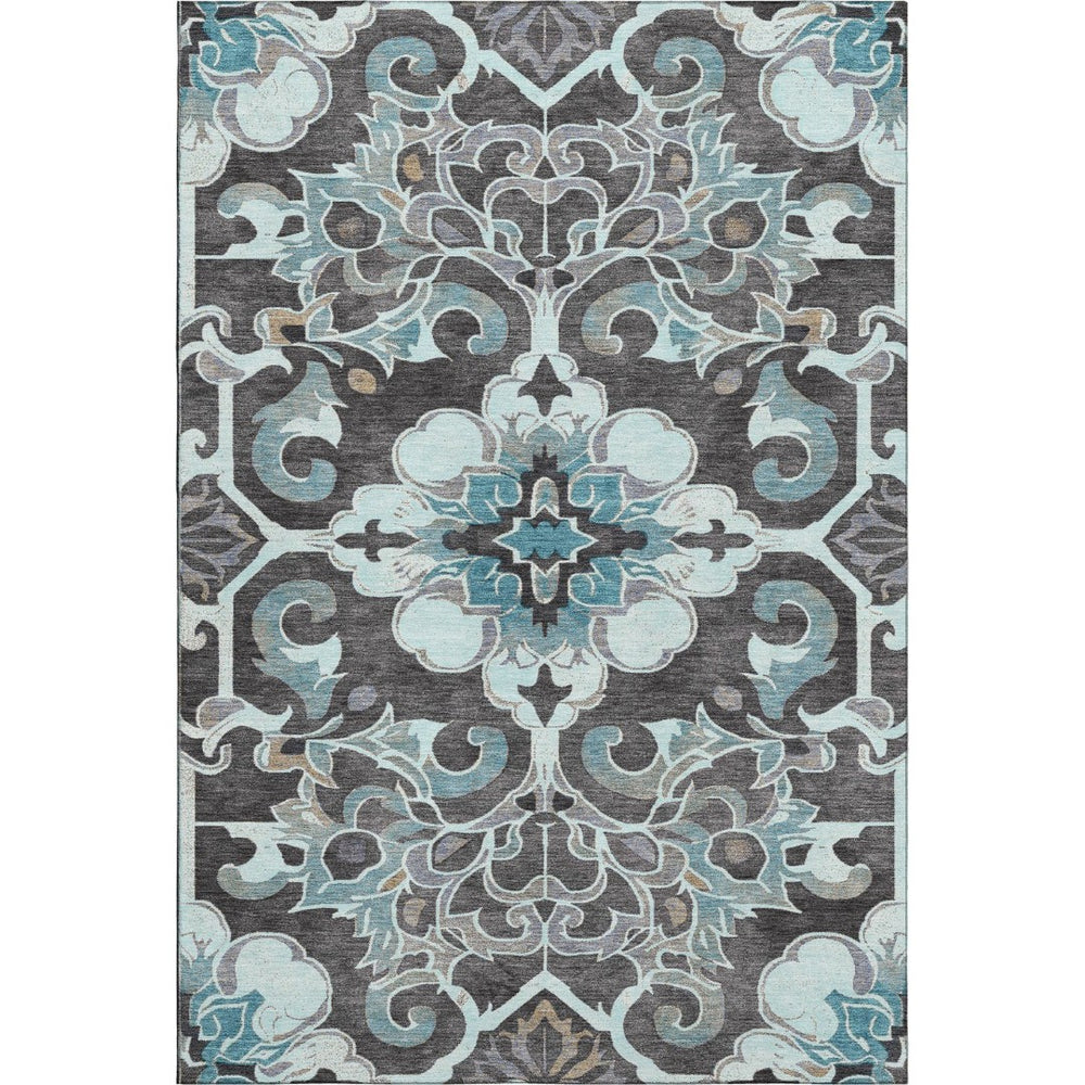 HomeRoots 5' X 8' Teal Charcoal Gray Floral Medallion Area Rug – UV Protected, Washable, Durable & Stylish! 709086