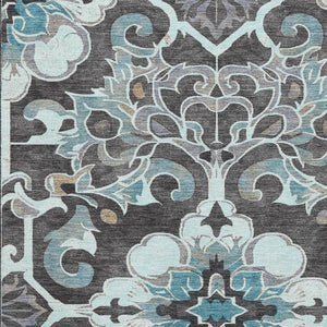 HomeRoots 5' X 8' Teal Charcoal Gray Floral Medallion Area Rug – UV Protected, Washable, Durable & Stylish! 709086