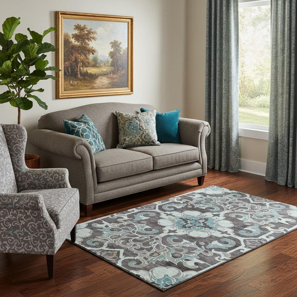 HomeRoots 8' Elegant Teal Charcoal Floral Medallion Round Rug – Washable, UV Protected, Non-Slip Design! 709087