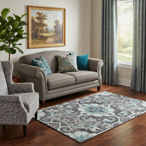 HomeRoots 8' Elegant Teal Charcoal Floral Medallion Round Rug – Washable, UV Protected, Non-Slip Design! 709087