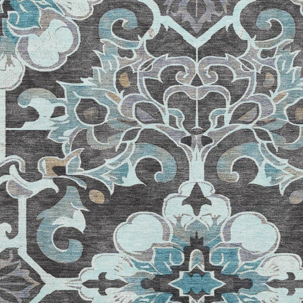 HomeRoots 8' Elegant Teal Charcoal Floral Medallion Round Rug – Washable, UV Protected, Non-Slip Design! 709087
