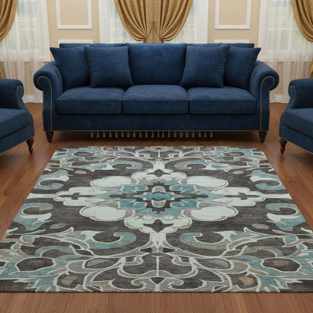 HomeRoots 8' X 10' Washable Teal Charcoal Gray Floral Medallion Area Rug with UV Protection & Non-Slip Backing 709088