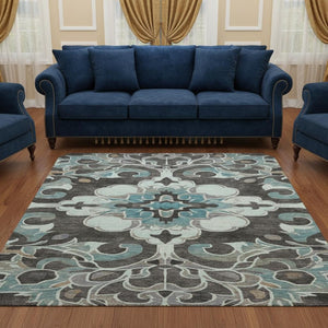 HomeRoots 8' X 10' Washable Teal Charcoal Gray Floral Medallion Area Rug with UV Protection & Non-Slip Backing 709088