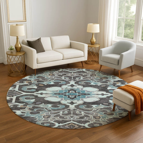 HomeRoots 8' X 10' Washable Teal Charcoal Gray Floral Medallion Area Rug with UV Protection & Non-Slip Backing 709088