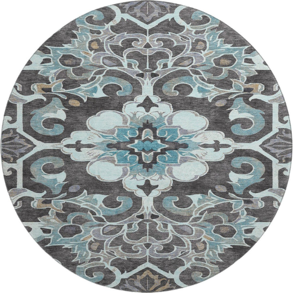 HomeRoots 8' X 10' Washable Teal Charcoal Gray Floral Medallion Area Rug with UV Protection & Non-Slip Backing 709088