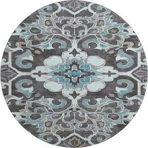 HomeRoots 8' X 10' Washable Teal Charcoal Gray Floral Medallion Area Rug with UV Protection & Non-Slip Backing 709088