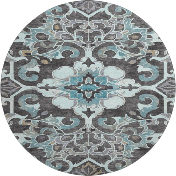HomeRoots 8' X 10' Washable Teal Charcoal Gray Floral Medallion Area Rug with UV Protection & Non-Slip Backing 709088