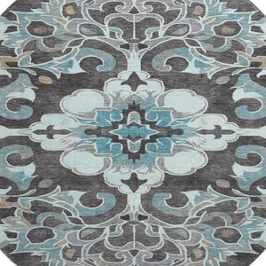 HomeRoots 8' X 10' Washable Teal Charcoal Gray Floral Medallion Area Rug with UV Protection & Non-Slip Backing 709088