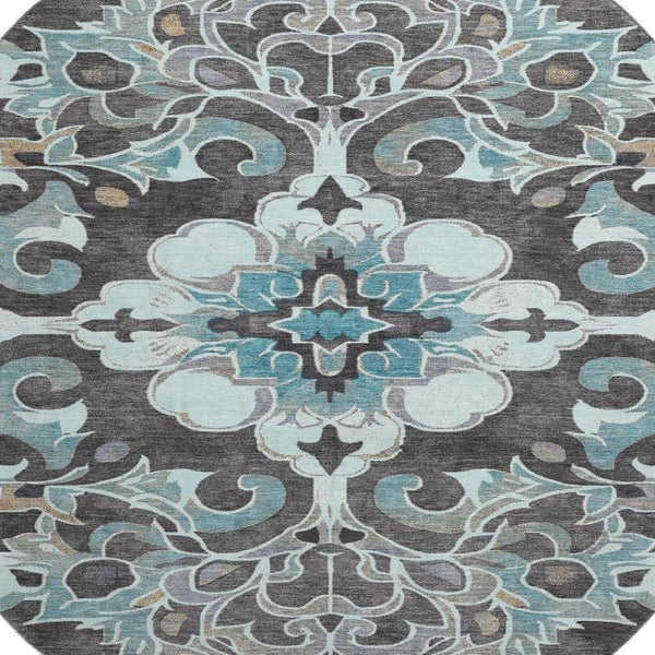 HomeRoots 8' X 10' Washable Teal Charcoal Gray Floral Medallion Area Rug with UV Protection & Non-Slip Backing 709088