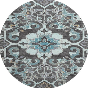 HomeRoots 8' X 10' Washable Teal Charcoal Gray Floral Medallion Area Rug with UV Protection & Non-Slip Backing 709088