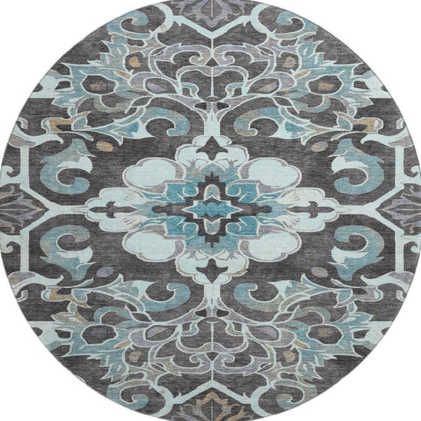 HomeRoots 8' X 10' Washable Teal Charcoal Gray Floral Medallion Area Rug with UV Protection & Non-Slip Backing 709088