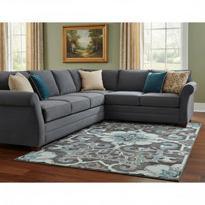 HomeRoots 9' X 12' Washable Teal Charcoal Gray Floral Medallion Area Rug with UV Protection & Durability 709089
